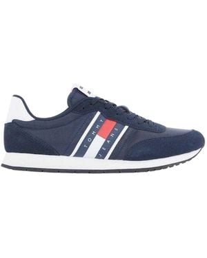 Tommy Hilfiger Tjm Classic Hardloopschoenen Van Leer Met Vlaglogo (Marine, Wit) - Blauw