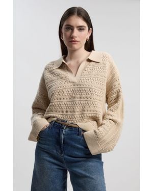 Karen Millen Cotton Collared V Neck Knitted Jumper - Blue