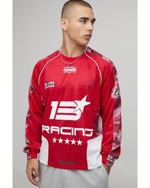 BoohooMAN Oversized Boxy Raglan Mesh Moto Long Sleeve Hockey Top - Red