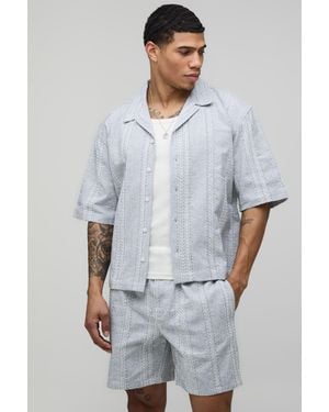 BoohooMAN Embroidered Woven Stripe Oversized Boxy Shirt & Relaxed Short Set - Grey