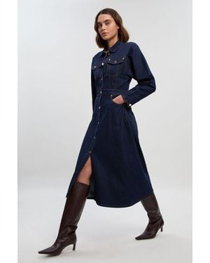 Karen Millen Denim Button Front Sleeved Shirt Dress - Blue
