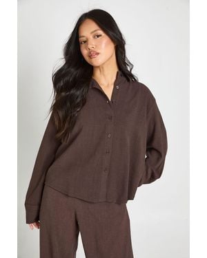 Boohoo Petite Premium Linen Oversized Shirt - Brown