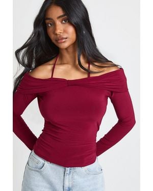 Boohoo Slinky Bow Bardot Detail Top - Red