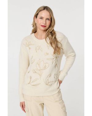 Izabel London Cream Floral Embroidered Textured Jumper - Natural