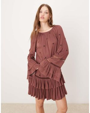 ASOS Ruffle Smock Crinkle Mini Dress With Tiered Sleeve And Star Embroidery