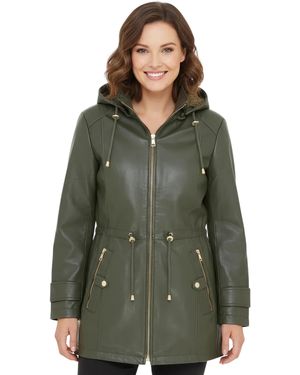Infinity Leather Parka Removable Borg Hooded Trench Coat - Green