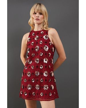 Warehouse Rose Embellished Racer Mini Dress - Red