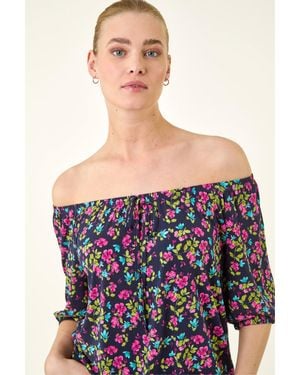 Roman Floral Print Stretch Bardot Top - Red
