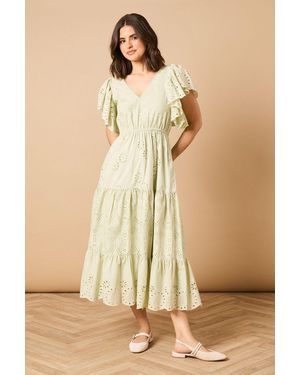 Oasis Broderie V Neck Angel Sleeve Maxi Dress - Natural