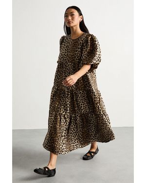 Warehouse Petite Organza Puff Sleeve Midi Smock Dress - Multicolour