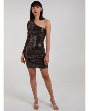 Pink Vanilla One Shoulder Ruched Sleeve Sparkle Dress - Black