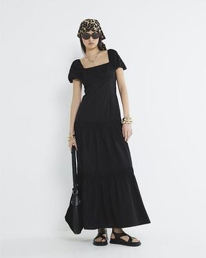 River Island Midi Dress Short Puff Sleeve Cotton - Black