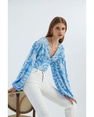 Hiccup Abstract V Neck Balloon Sleeves Boho Crop Top - Blue