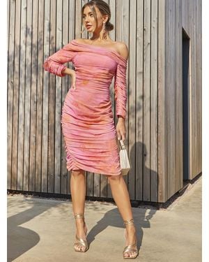Chi Chi London Long Sleeve Floral Ruched Bodycon Mini Dress - Pink