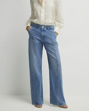 River Island Straight Jeans Relaxed Scallop Seam Cotton - Blue
