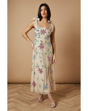 Oasis Embellished Tie Shoulder Dress - Brown