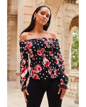 Sosandar Floral Print Shirred Body Bardot Top - Black
