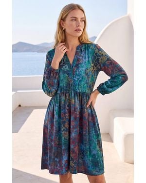 Roman Textured Leaf Print Shirt Dress - Blue