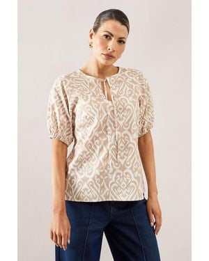 Wallis Abstract Cotton Puff Sleeve Top - Natural
