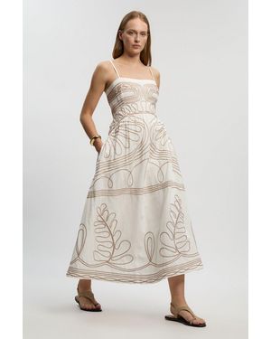 Karen Millen Cotton Linen Cornelli Embroidered Strappy Woven Midi Dress - Natural
