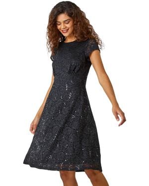 Roman Sequin Fluted Hem Lace Stretch Dress - Black