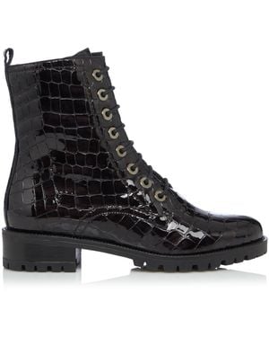 Dune Ladies Croc Print Prestone Cleated Sole Lace-Up Hiker Boots - Black