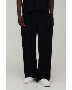 BoohooMAN Baggy Fit Pleat Front Towelling Trouser - Black