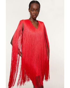Karen Millen Figure Form Bandage Knit V Neck Fringe Mini Dress - Red