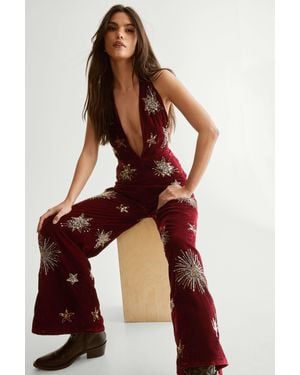 Nasty Gal Star Embellished Velvet Halter Jumpsuit - Multicolour