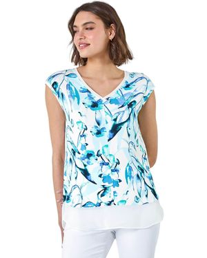Roman Floral Print V-Neck Chiffon Hem T-Shirt - Blue