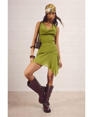 Boohoo Chiffon Cowl Neck Top And Hanky Hem Mini Skirt Co-Ord - Green