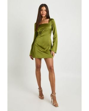 Boohoo Square Neck Satin Shift Dress - Green