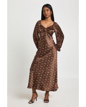 Boohoo Polka Dot Volume Sleeve Satin Midaxi Dress - Brown