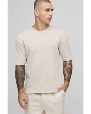 BoohooMAN Boxy Regular Fit Cotton Blend Knitted T-Shirt - Natural