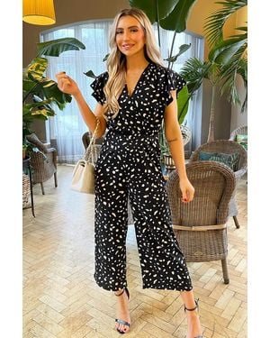 AX Paris Printed Wrap Short Frill Sleeved Jumpsuit - Black