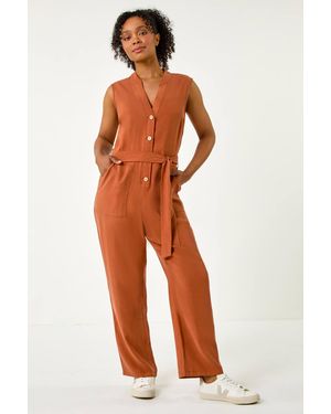 Roman Petite Button Detail Pocket Jumpsuit - Orange