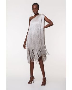 Karen Millen Figure Form Bandage One Shoulder Fringe Mini Knit Dress - Metallic