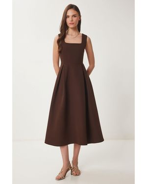 Happiness İstanbul Square Collar A-Form Midi Dress With Zipper Closure - Brown