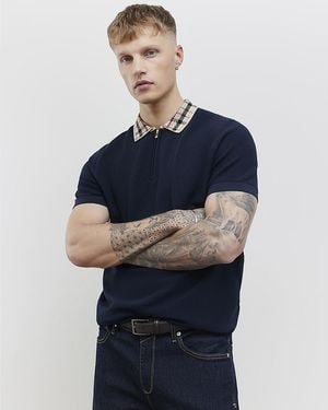 River Island Polo Shirt Slim Fit Check Collar - Blue