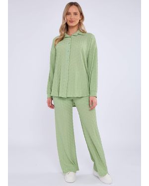 Gini London Sage Textured Oversized Long Sleeves Shirt - Green