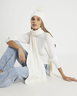 River Island Hat & Scarf Set Diamante 2 Piece - White