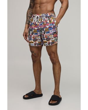 BoohooMAN Varsity Printed Mid Length Swim Short - Multicolour