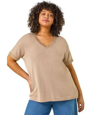 Roman Curve Hotfix V-Neck Knit Top - Metallic