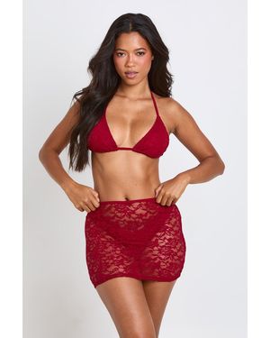 Boohoo 3 Piece Triangle Bikini Set With Lace Skirt - Red