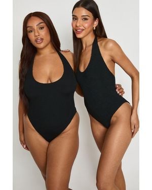 Boohoo Premium Fits All Crinkle Plunge Halterneck Swimsuit - Black