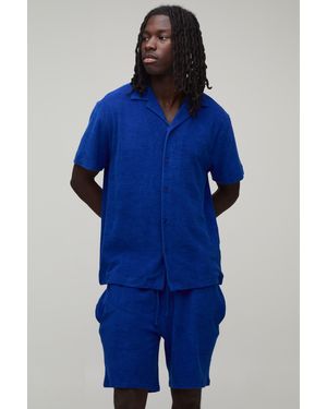 BoohooMAN Towelling Regular Fit Revere Shirt & Relaxed Shorts Set - Blue