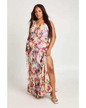 Boohoo Plus Soft Floral Chiffon Ruffle Maxi Dress - White