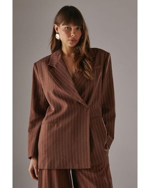 Warehouse Linen Look Pinstripe Blazer - Brown