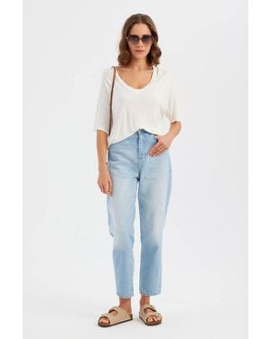 Hiccup Basic Round Neck Short Sleeve Woven T-Shirt - Blue