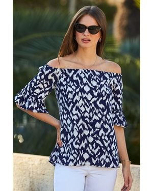 Sosandar Aztec Fluted Sleeve Bardot Top Viscose - Blue